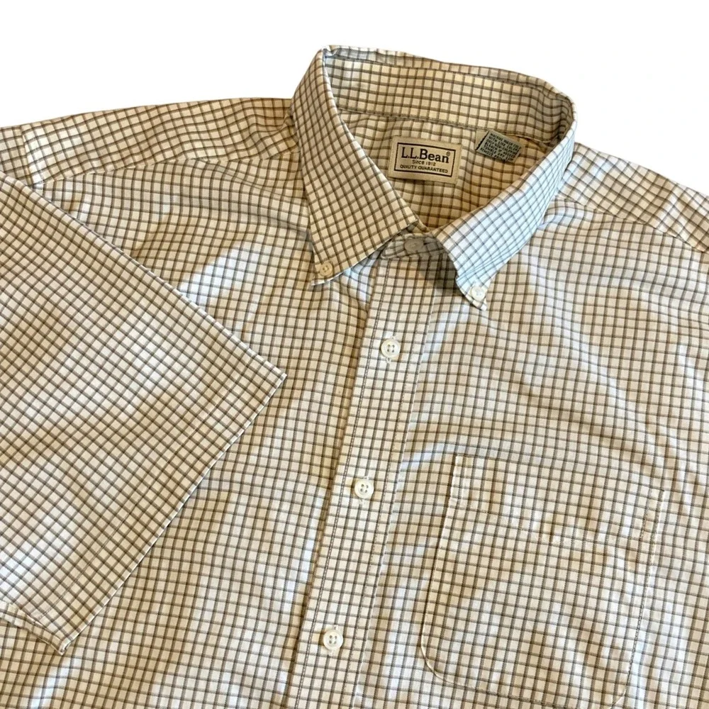 LL Bean Mens Large Tall Short Sleeve Button Down Shirt Tattersall Check Cotton‎
